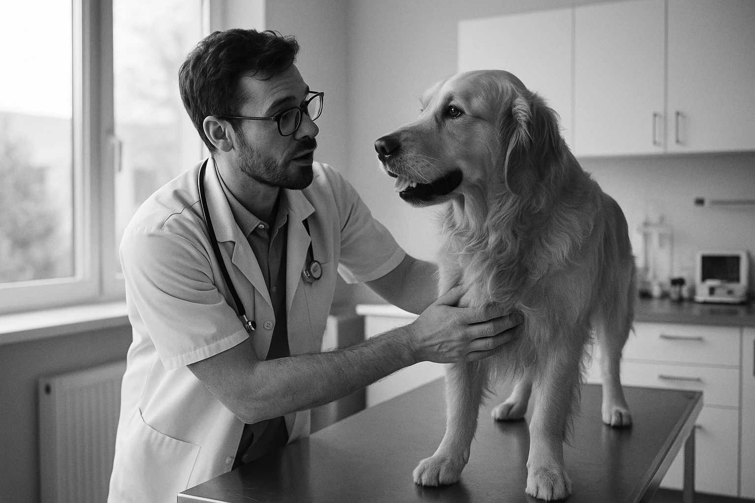 A veterinarian examines a golden retriever while the consult is recorded hands-free.